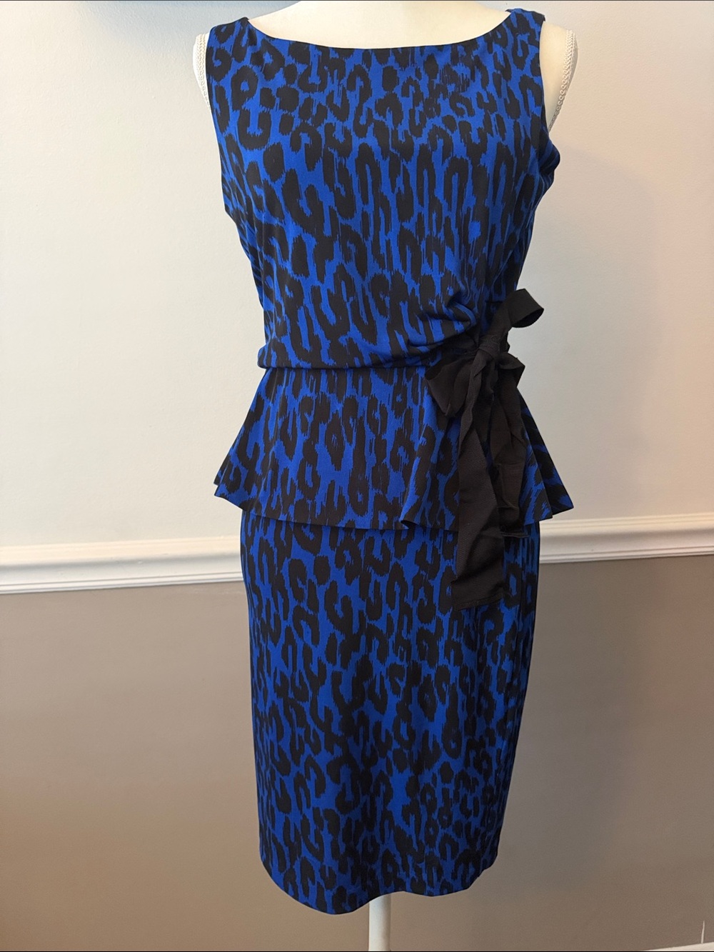 Just...Taylor Blue and Black Leopard Print Peplum Sheath Dress